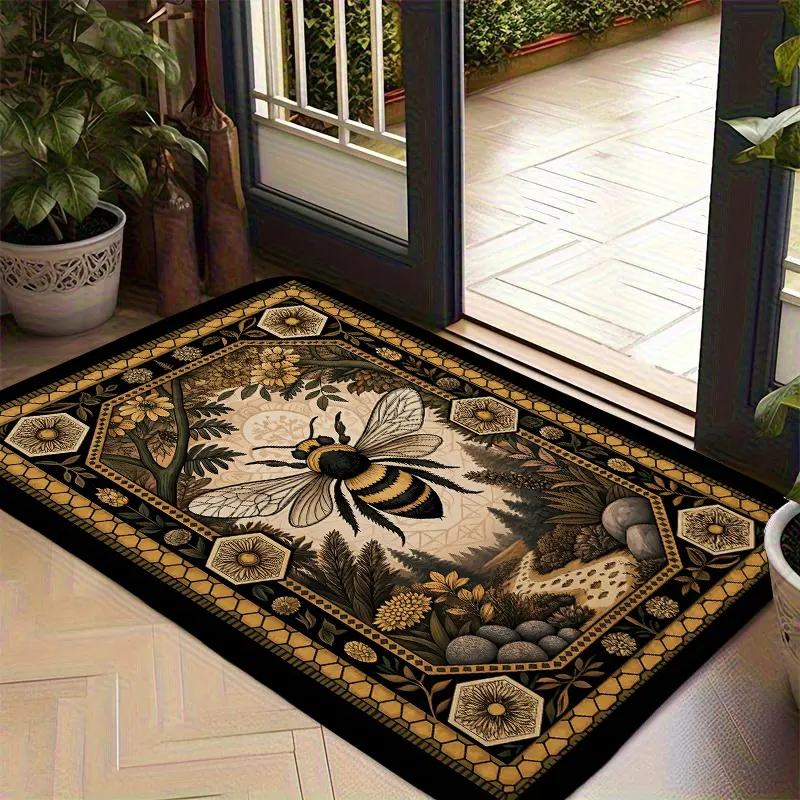 Vintage Bumblebee Pattern Doormat, Artistic Honey Bee Entrance Mat with Retro Floral Border, Non-Slip Indoor Outdoor Area Rug for Front Door Porch, Inside Entrance Doormat, Unique Nature Theme Home Decor, Decorative Mats
