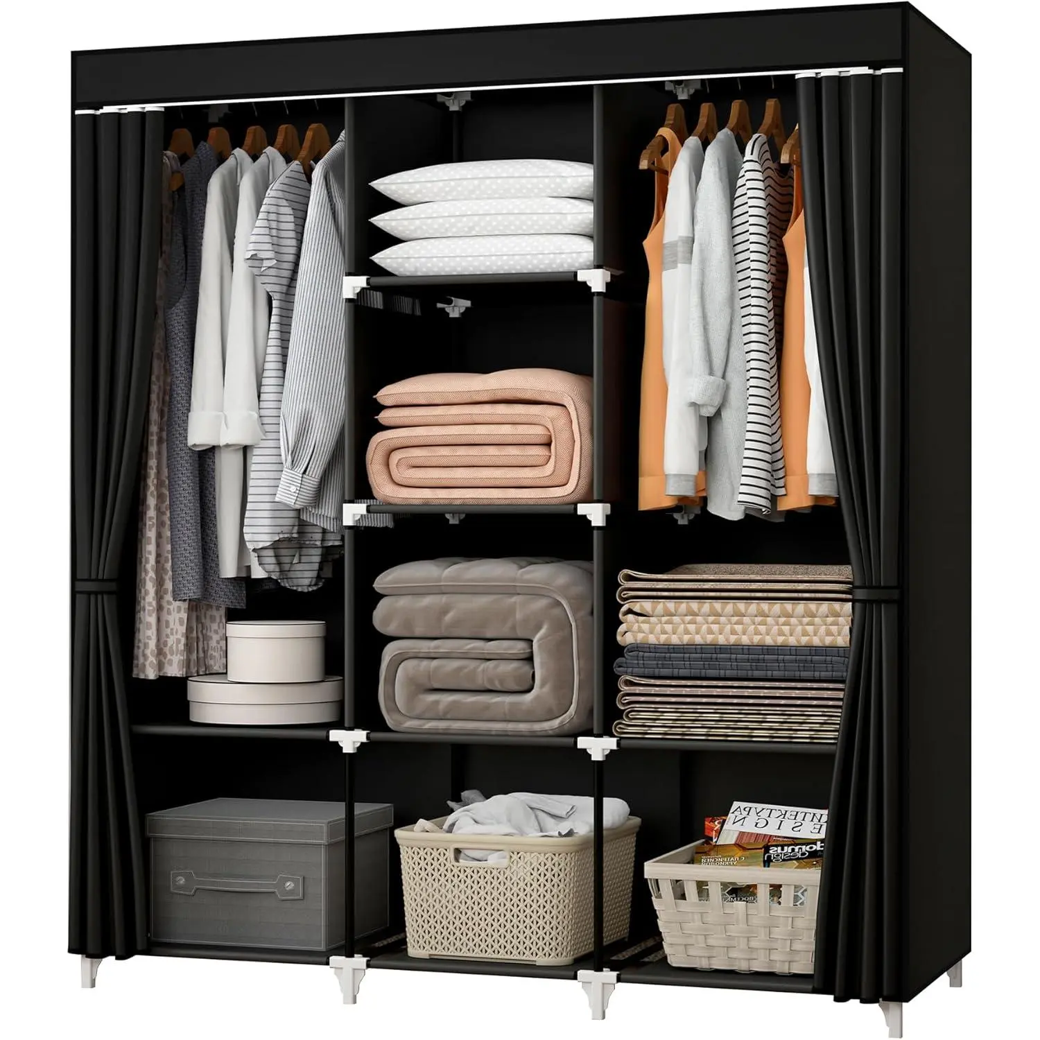 Portable 51 Inch Wardrobe Closet for Hanging Clothes with 2 Hanging Rods 8 Storage Organizer Shelves, Durable Easy to Assemble Black for Bedroom