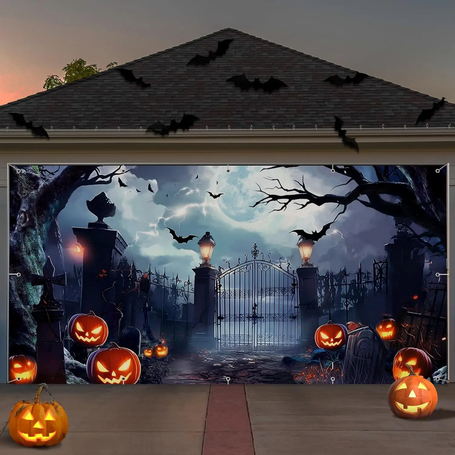 Spooky Halloween Garage Door Banner Prop, 8x16ft Large Hanging Backdrop Cover, Scary Outdoor Holiday Wall Decorations, Window