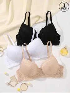 Three-Piece Fashionable Women's Lace Lingerie Set, Adjustable Straps, Medium Support Bralettes, Casual All-Season Wear