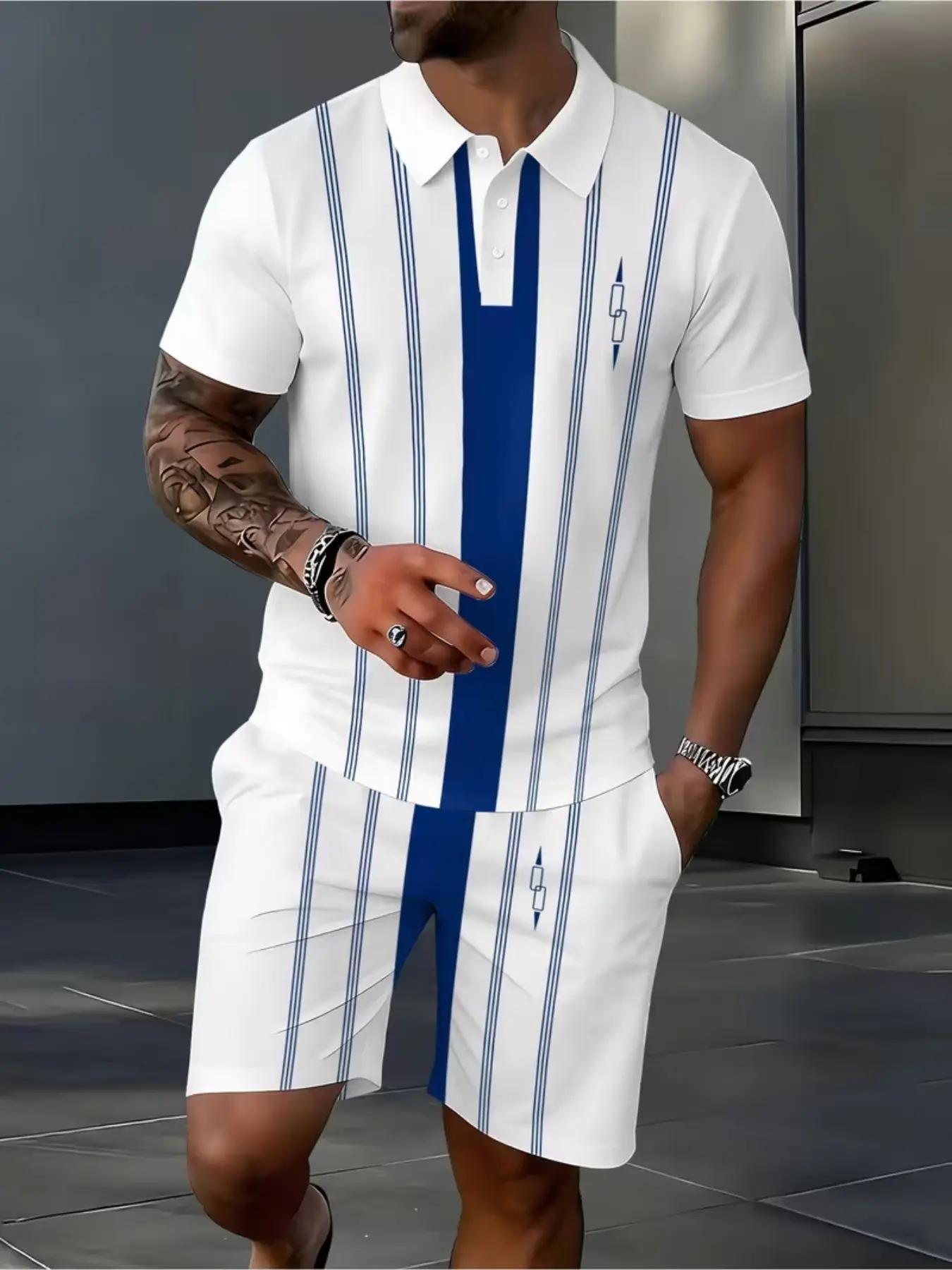 Men's Polo Set, Short Sleeve Polo Shirt & Shorts, Summer Casual Streetwear, Striped, Breathable, Fitted, for Coffee Shop, Park, Vacation
