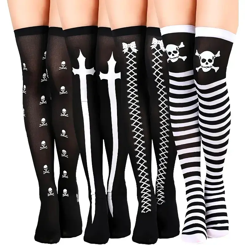 4 Pairs Halloween Knee High Stockings, Role Play Skeleton Socks, Costume Accessories for Parties & Events, Comfortable & Stylish Design