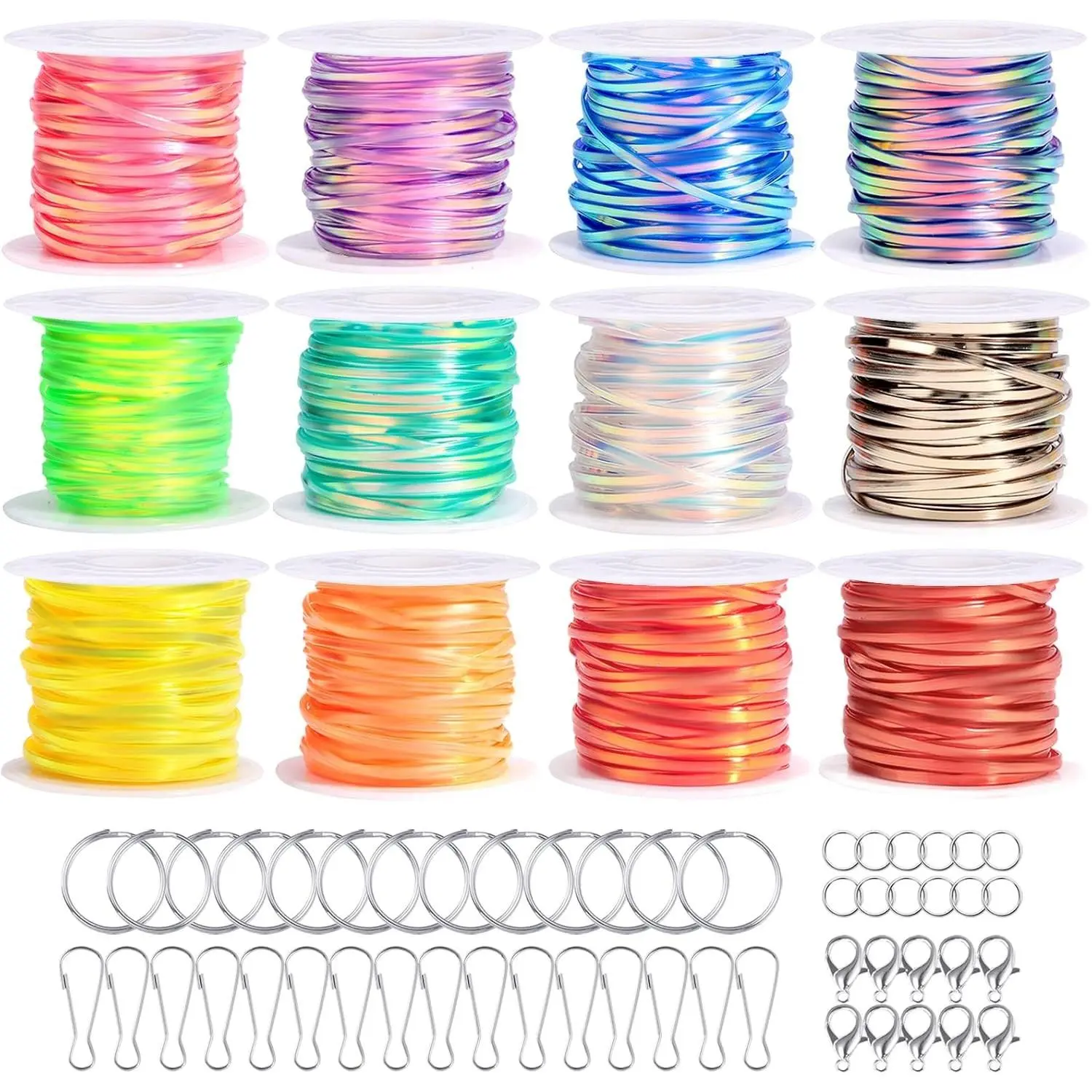 Laser Reflective Lanyard String, 12 Rolls Plastic Lacing Cord with 20 Key Chain Rings, 20 Snap Clips and 10 Lobster Clips, Gimp String Kit for DIY Bracelets, Key Chains and LanyardsGift