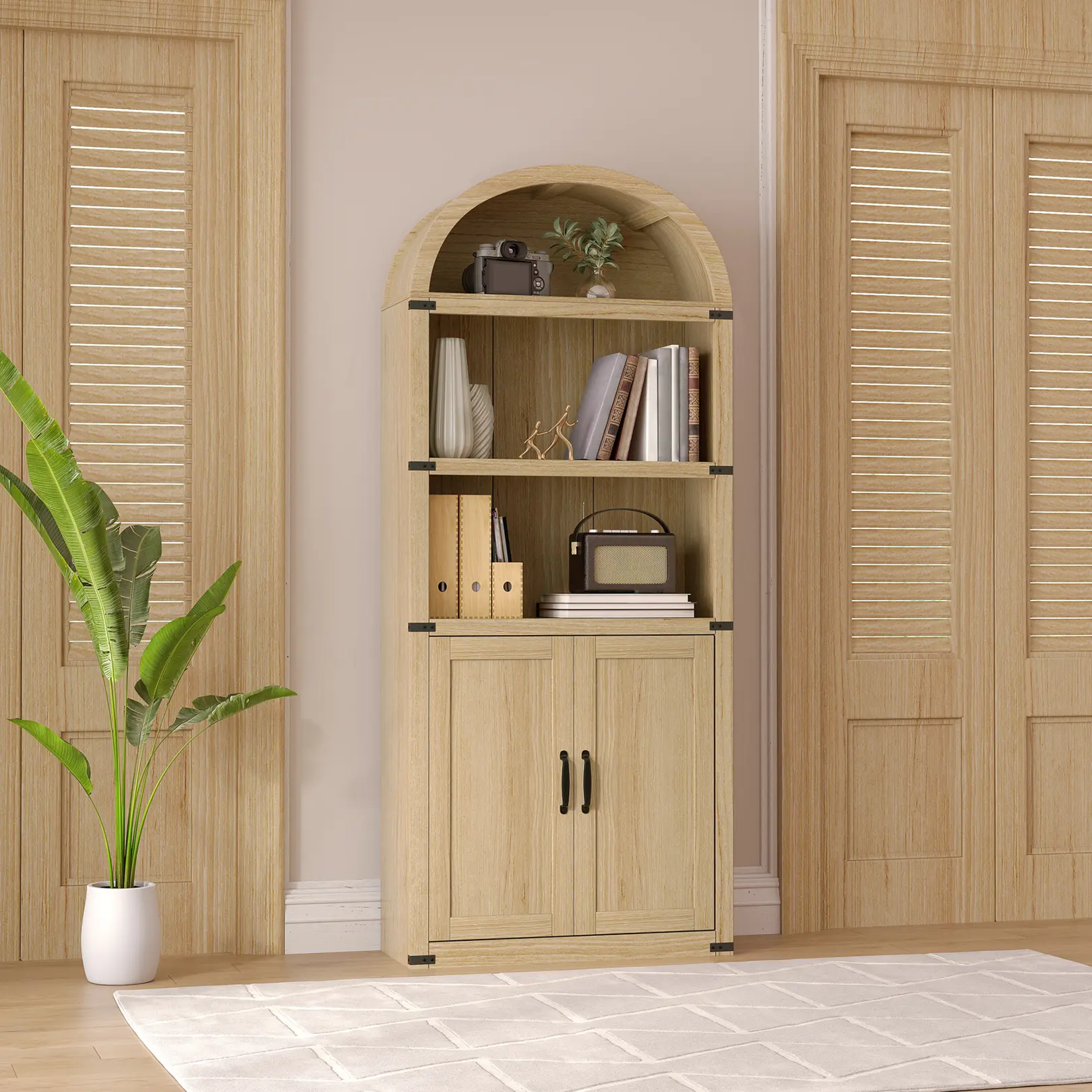Tall Wooden Ladder Bookshelf - Modern Arched Single Unit Multi-level Bookcase with Enclosed Doors, Freestanding Multi-functional Storage Display for Office & Living Room Furniture