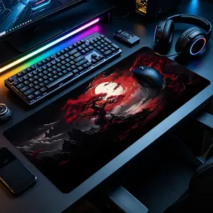 Dark Oriental Landscape with Red Blood Moon & Twisted Ancient Pine Large Gaming Mouse Pad, Extended XXL Desk Mat with Stitched Edge & Non-Slip Rubber Base, Ideal for Gamers, Dark Chinese Style & Gothic Scenery Fans, Perfect for Gaming Rooms, Home Offices
