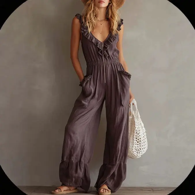 Summer new solid color European and American retro fashion sleeveless ruffled cotton-linen casual jumpsuit