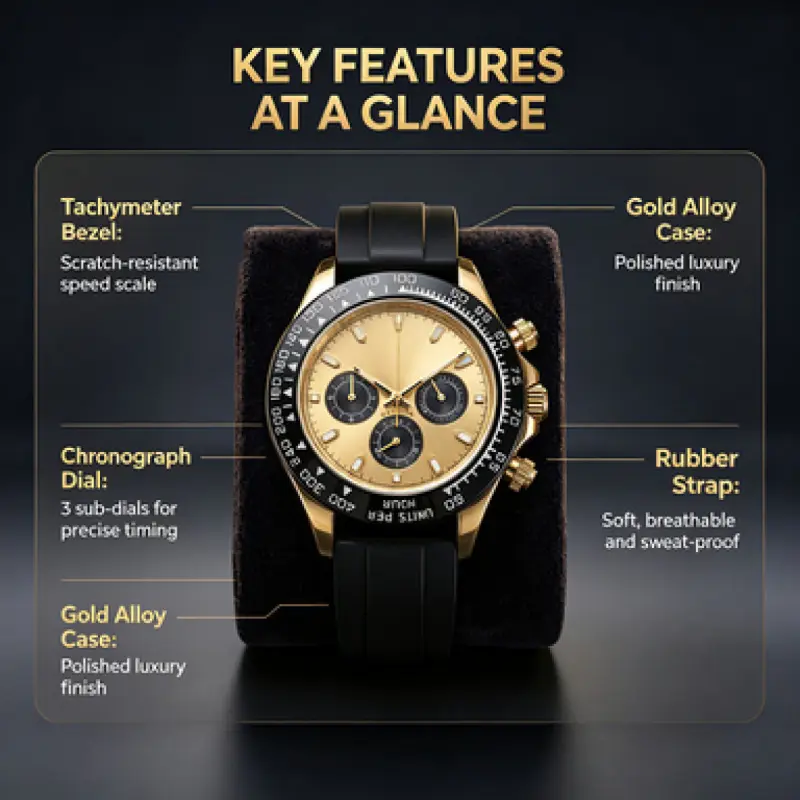 Men Polished Gold Alloy Chronograph Watch, Black Tachymeter Bezel Soft Silicone Rubber Strap Luminous Dial Waterproof Sports Wrist Watch For Business Casual Party