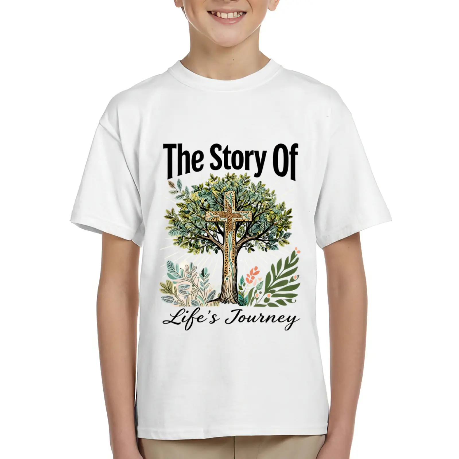 The Story Of Life's Journey Cross Tree Kids Short Sleeve T-Shirts Cotton Soft Breathable Crewneck Tees for Boys Girls, Loose Fit Comfortable Basic Tops for 6-15 Years Summer School Casual Wear