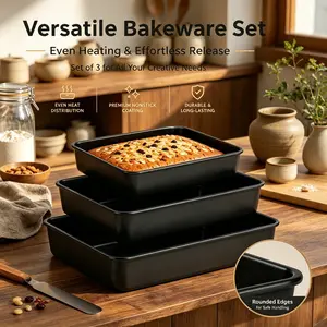 Durable Non-Stick Baking Tray Set, Three Rectangular Trays, Even Heat Distribution, Ideal for Homemade Cakes, Bread, Vegetables, Meat