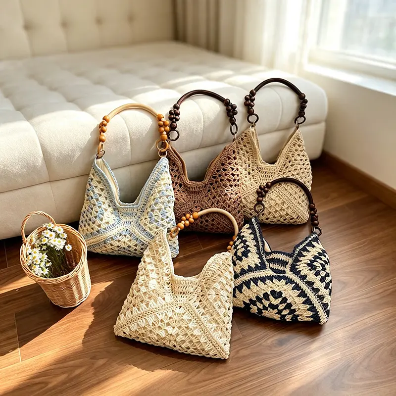 Handmade Crochet Straw Tote Bag for Women, Woven Shoulder and Crossbody Purses with Zipper, Girly Feminine Summer Beach Accessories, Gifts for Women, Accessories For Women
