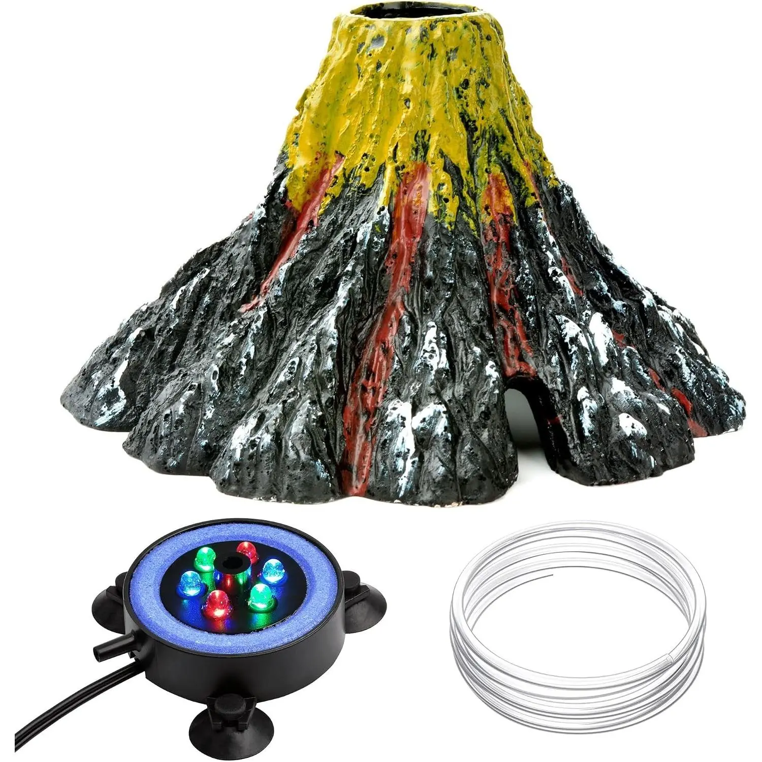 Aquarium Volcano Bubbler Decoration with Color-Changing LED Lights, Bubble Eruption Effect, Complete Kit with Tubing & Power Adapter for Fish TankGift