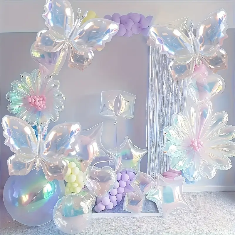 2Pcs transparent, colorful, iridescent butterfly foil balloons for Valentine's Day, weddings, birthday parties, and other gatherings. Suitable for holiday decorations, anniversary celebrations, and indoor/outdoor events.
