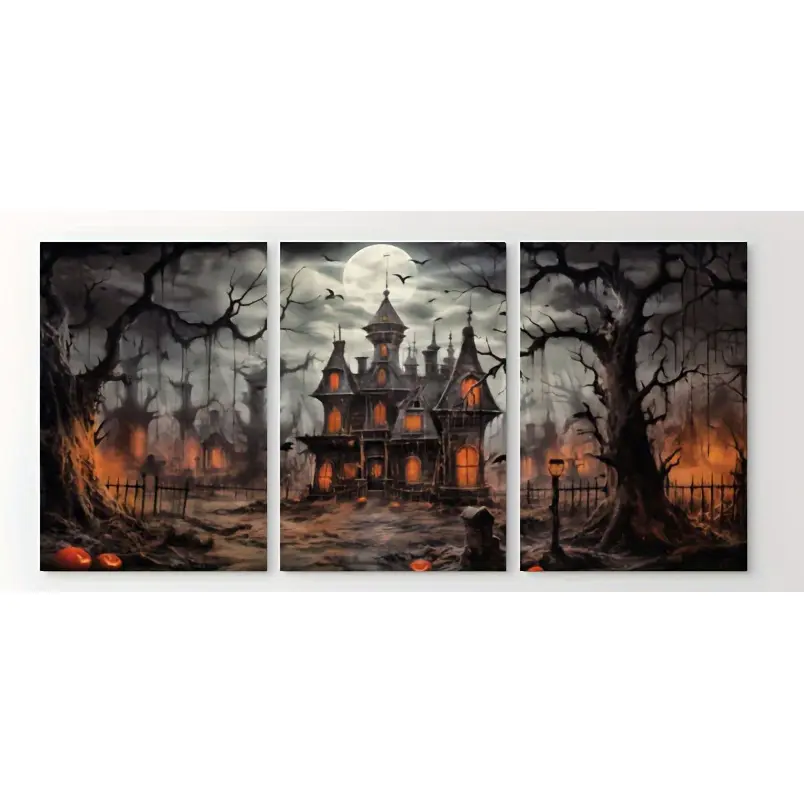 2D Canvas - 3-piece Gothic Halloween Haunted House Canvas Wall Art, Framed Gallery Wrapped Canvas, Horror Full Moon Bat Decoration, Suitable for Living Room and Bedroom