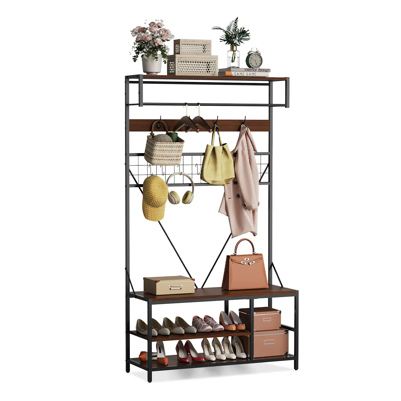 Entryway Storage Hall Tree Bench Shoe Rack Combo Walnut Brown, 39.37" 5-in-1 Organizer with Adjustable Shelves, Hanging Rod and 9 Hooks for Bedroom Mudroom Hallway