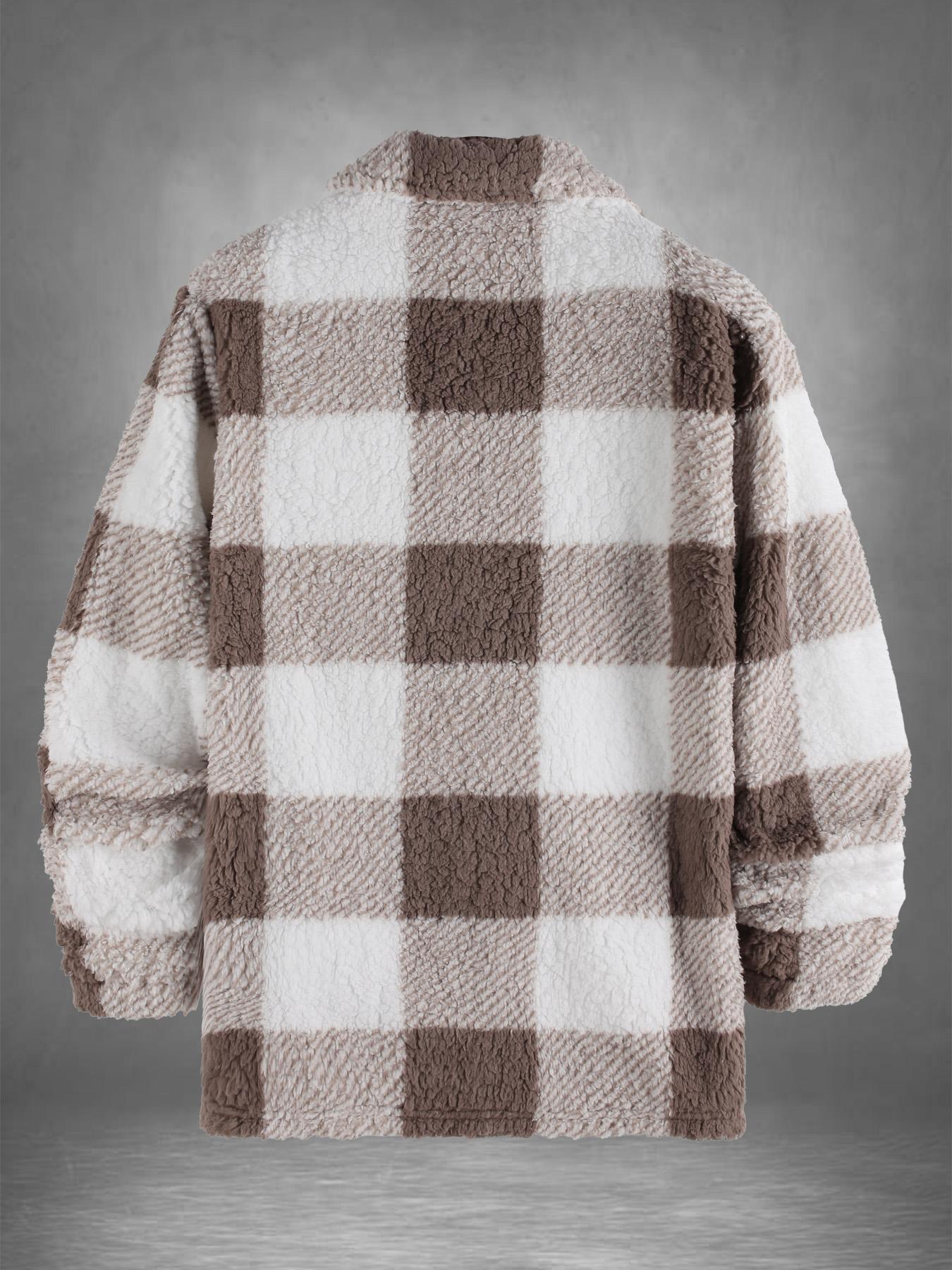 Men's Plaid Print Button Front Fuzzy Lounge Jacket, Casual Long Sleeve Collared Outerwear for Fall & Winter, Men's Sleepwear for Daily Wear, Casual Style Outerwear, Casual Fitted Jacket