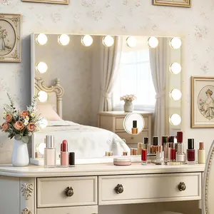 Hollywood Vanity Mirror with Lights 23" x 18" 15 Dimmable Bulbs 3 Color Lights Make Up Lighted Mirror USB Charging Port Gifts for Women Wife Teen Girls White