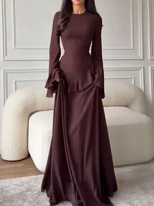Elegant Long Sleeve Party Dress, Bell Sleeve Ruffle Detail, Waist Cinched Design, French Vintage Style, Formal Wear Evening Gown for Gala Events, Elegance