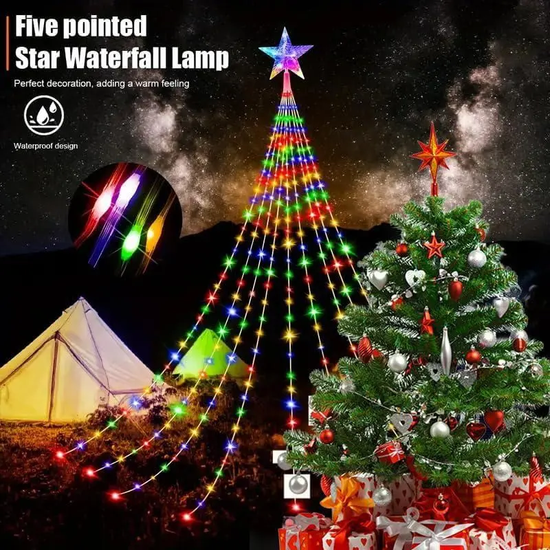 Outdoor Christmas Lights, Waterfall Light, Star String Lamp with Remote, 9.8 Ft 282 LED, 8 Modes, Waterproof, Halloween New Year Decor