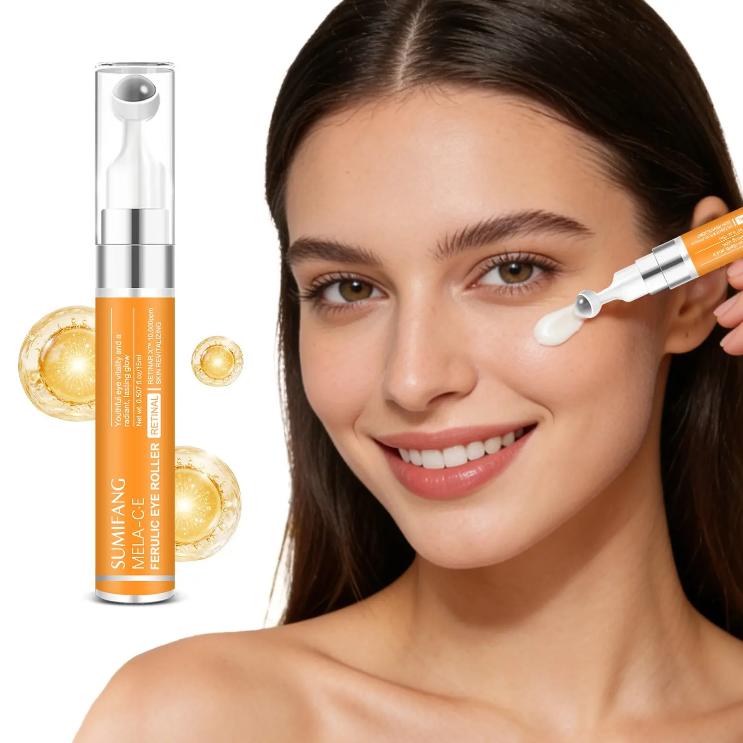 SUMIFANG Mela-CE Vitamin C Eye Roller (15ml) – Retinol + Hyaluronic Acid + Caffeine – Multi-effect eye care: firms and lifts the eye contour, fades pigmentation and dark spots; features a cooling rollerball applicator.