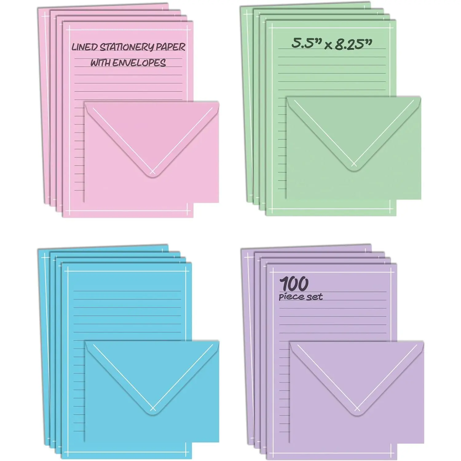 Mini Stationery Matching Sets, 100-Count (50 Side-Lined Sheets + 50 Envelopes), 4 Solid Colors, Thin White Border, 5.5x8.25in Double-Sided Printing Office Stationery Set