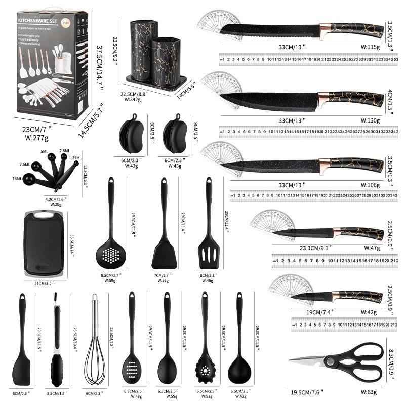 Kitchen Knife Set with Storage Holder, 25pcs/set Including Stainless Steel Knives & Scissors & Spatula & Tongs & Whisk & Cutting Board, Modern Home Kitchen Utensils Set, Kitchenware