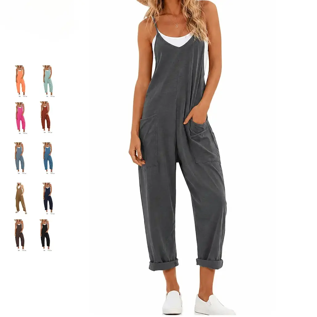 Women's Lightweight Cotton Harem Jumpsuit, Soft V-Neck Maternity Overalls with Adjustable Spaghetti Straps and Pockets