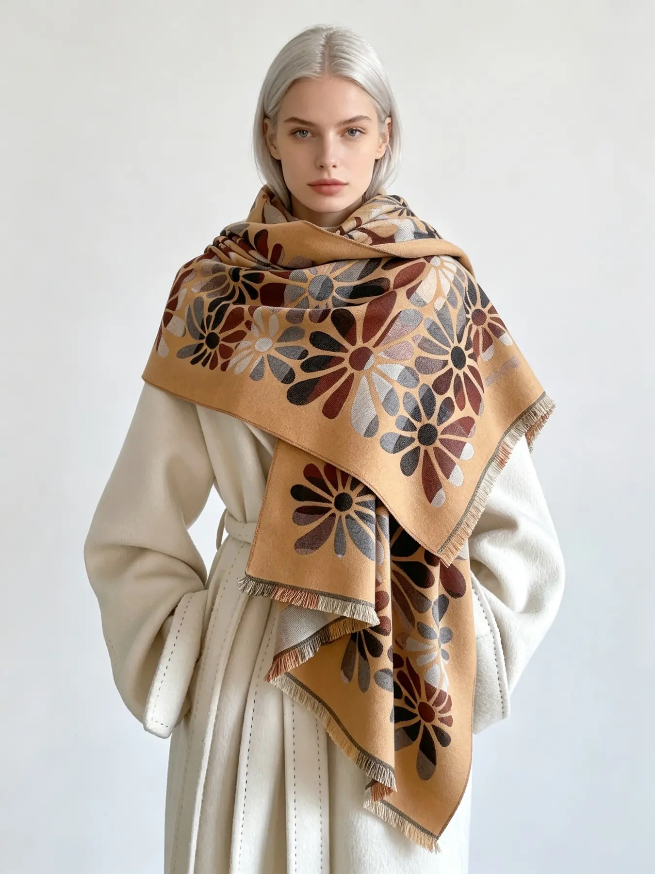 Soft Cashmere Feel Reversible Blanket Scarf, Warm Camel Base Retro Floral Shawl Wrap, Oversized Winter Scarf for Women, Christmas Gift