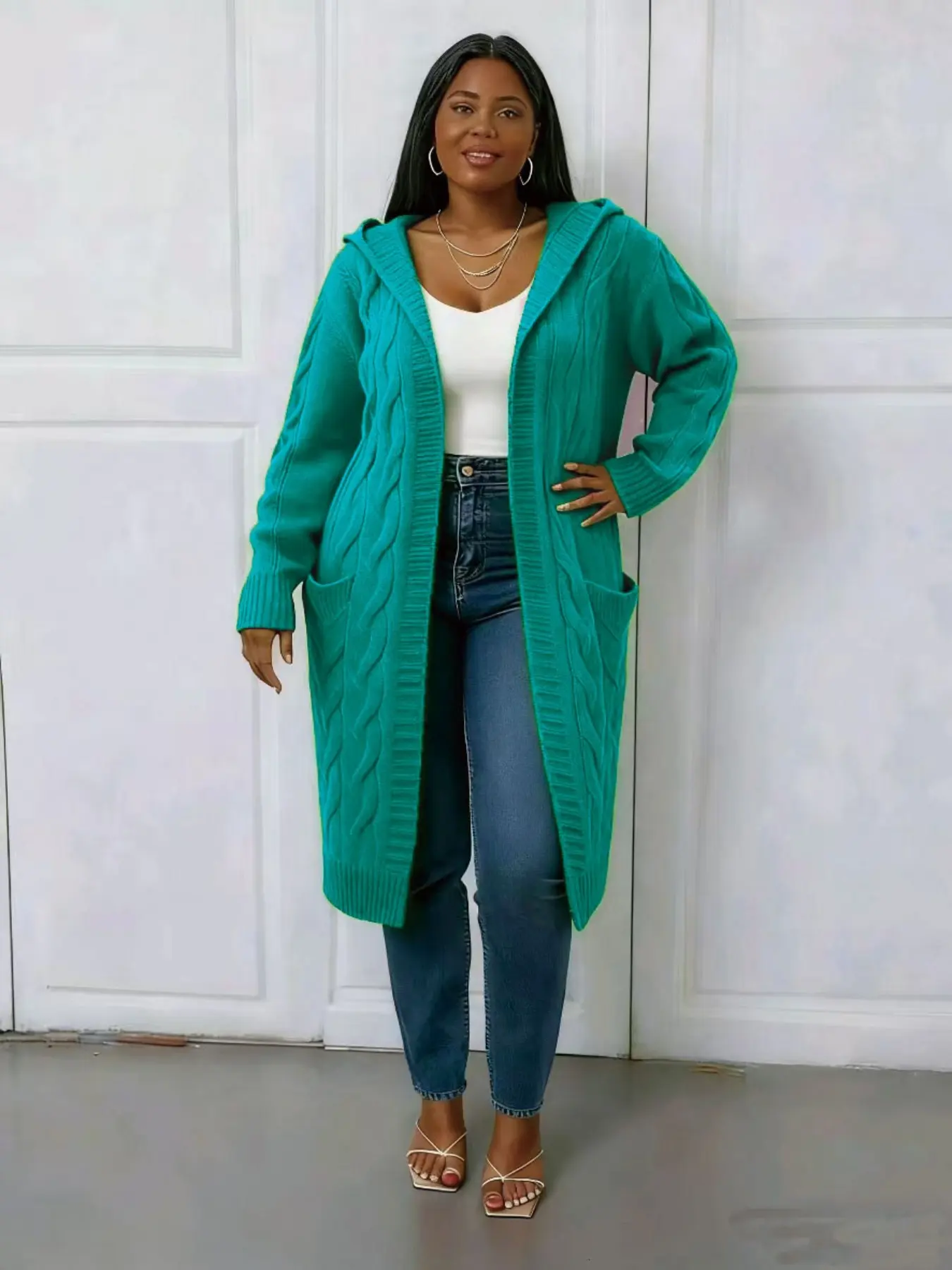 Elegant Plus Size Hooded Sweater Cardigan, Long Sleeve Pocket Knit Coat, Casual Solid Color Women's Fashion Outerwear