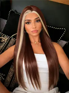 Cherry Cola Brown Lace Front Wig with Blonde Money Piece Highlights 28" Long Straight Heat-Resistant Synthetic Hair 13x4 HD Transparent Lace Pre-Plucked Hairline Free Part Daily Glam & Party Look
