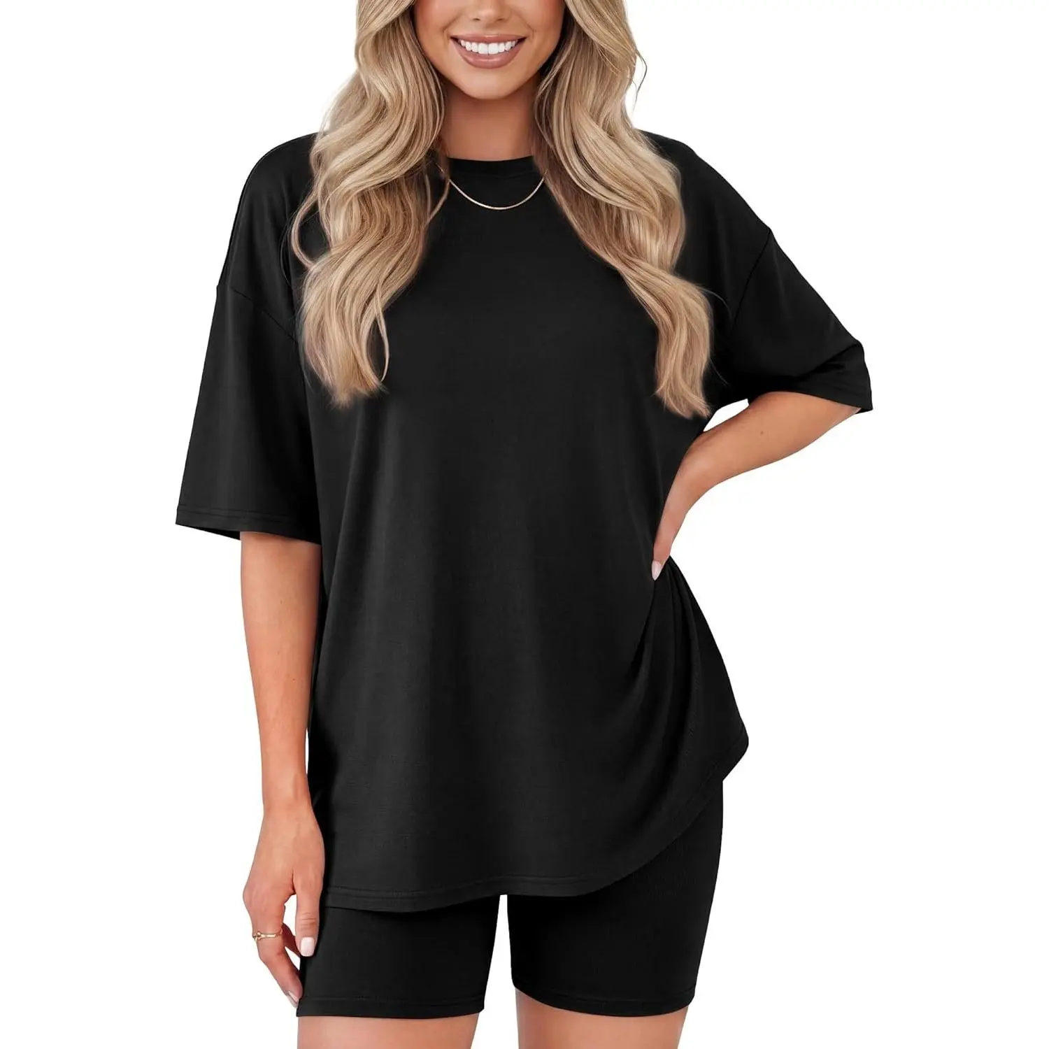 Women's 2-Piece Oversized T-Shirt & Biker Shorts Lounge Set - Beach, Workout, Pregnancy Denim-Style Outfit for Travel, Casual Use, Everyday