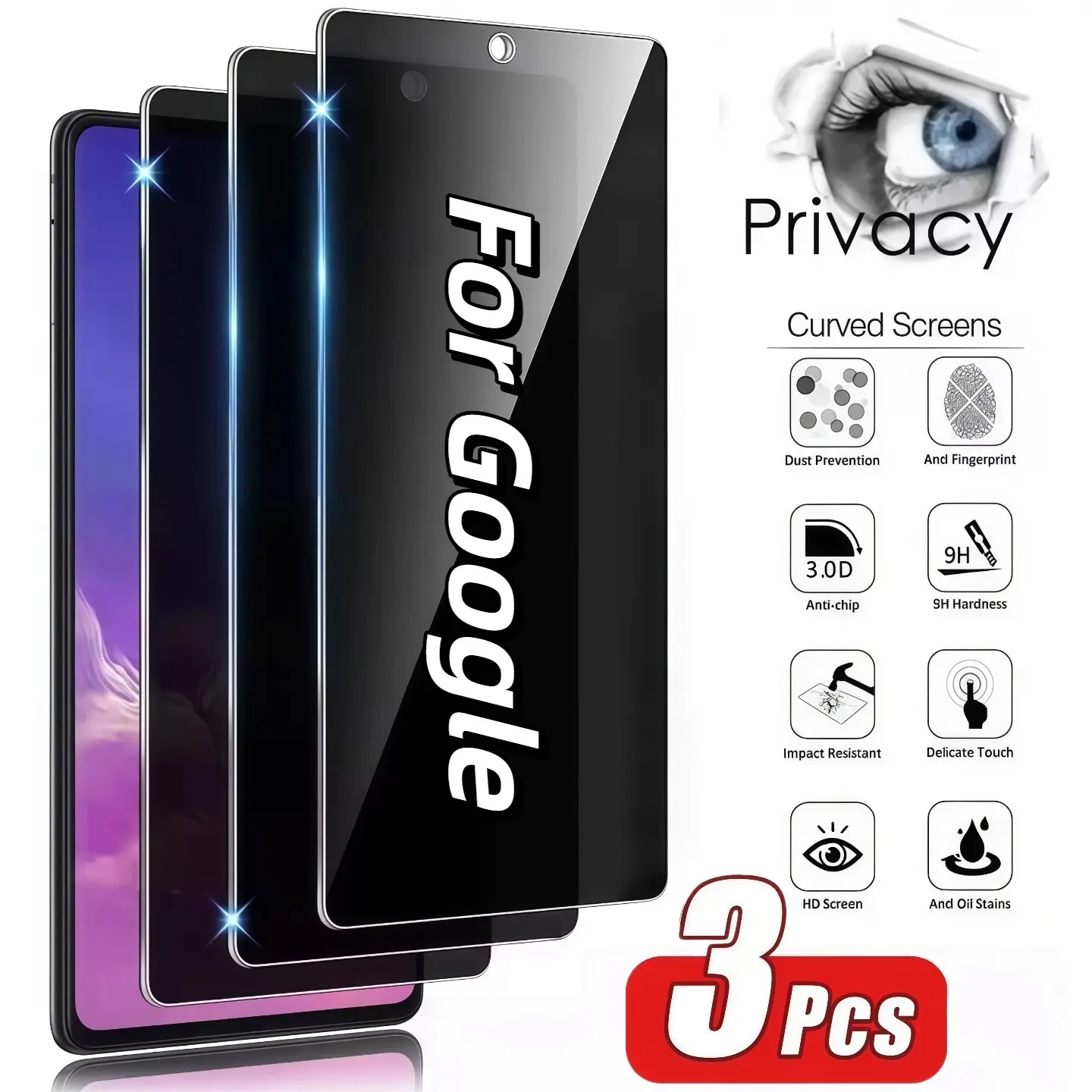 3-Pack Anti-Spy Screen Protector for Google Pixel Series, 9h Hardness, Ultra Sonic Fingerprint Unlock, Easy Install, Bubble-Free
