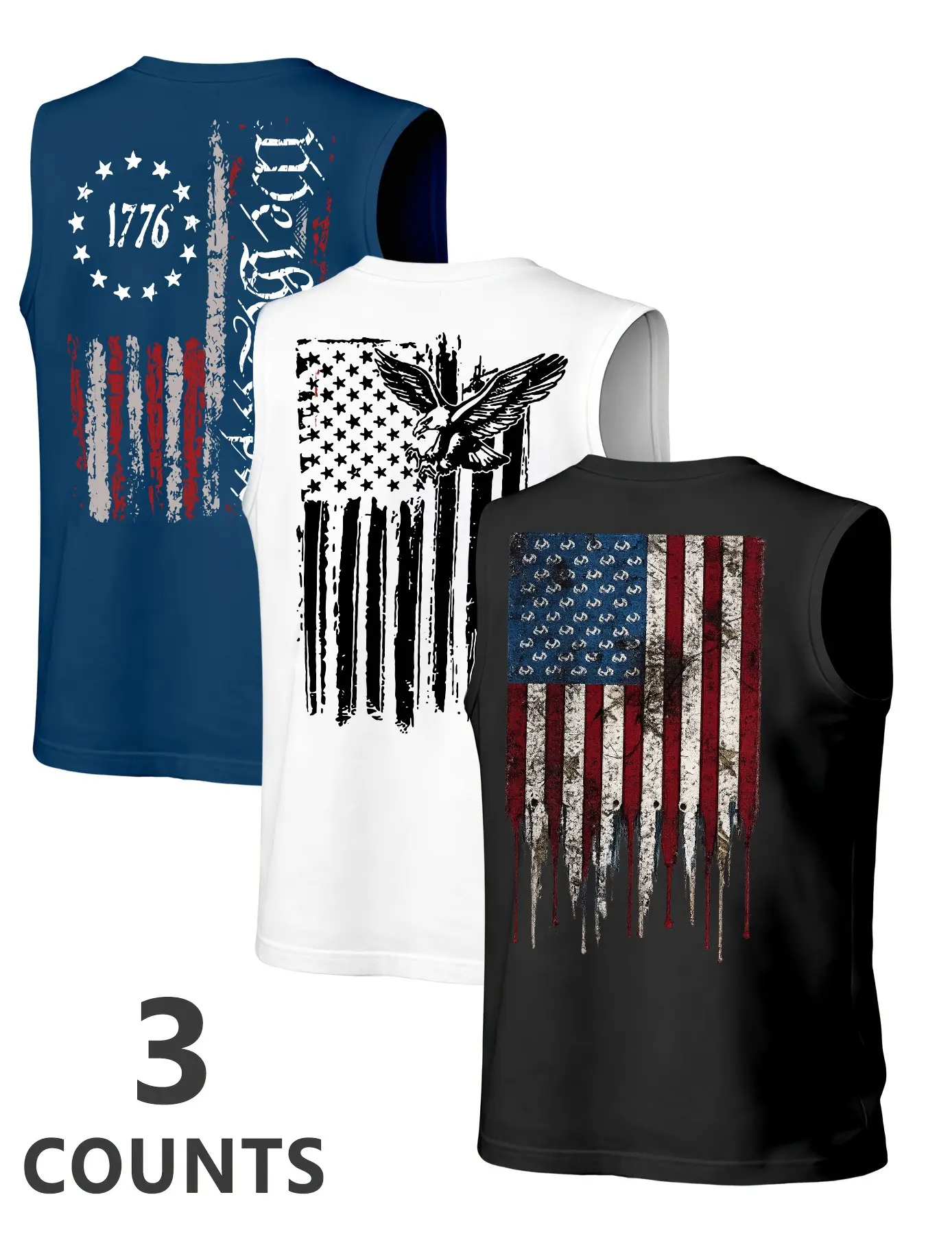 Three-Piece Vintage American Flag Eagle Print Sleeveless Vest, Loose-Fitting Casual Fitness Tank Top, Three Colors Available, Sport Vests