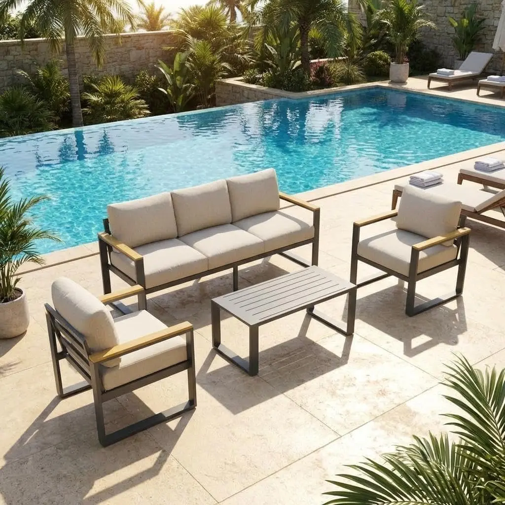 Aluminum Outdoor Patio Sectional Sofa Set, Modern Weather-Resistant Sofa Sectional Couch with Rust-Proof Metal Frame, Washable Cushions & Coffee Table, Tool-Free Setup for Garden, Deck