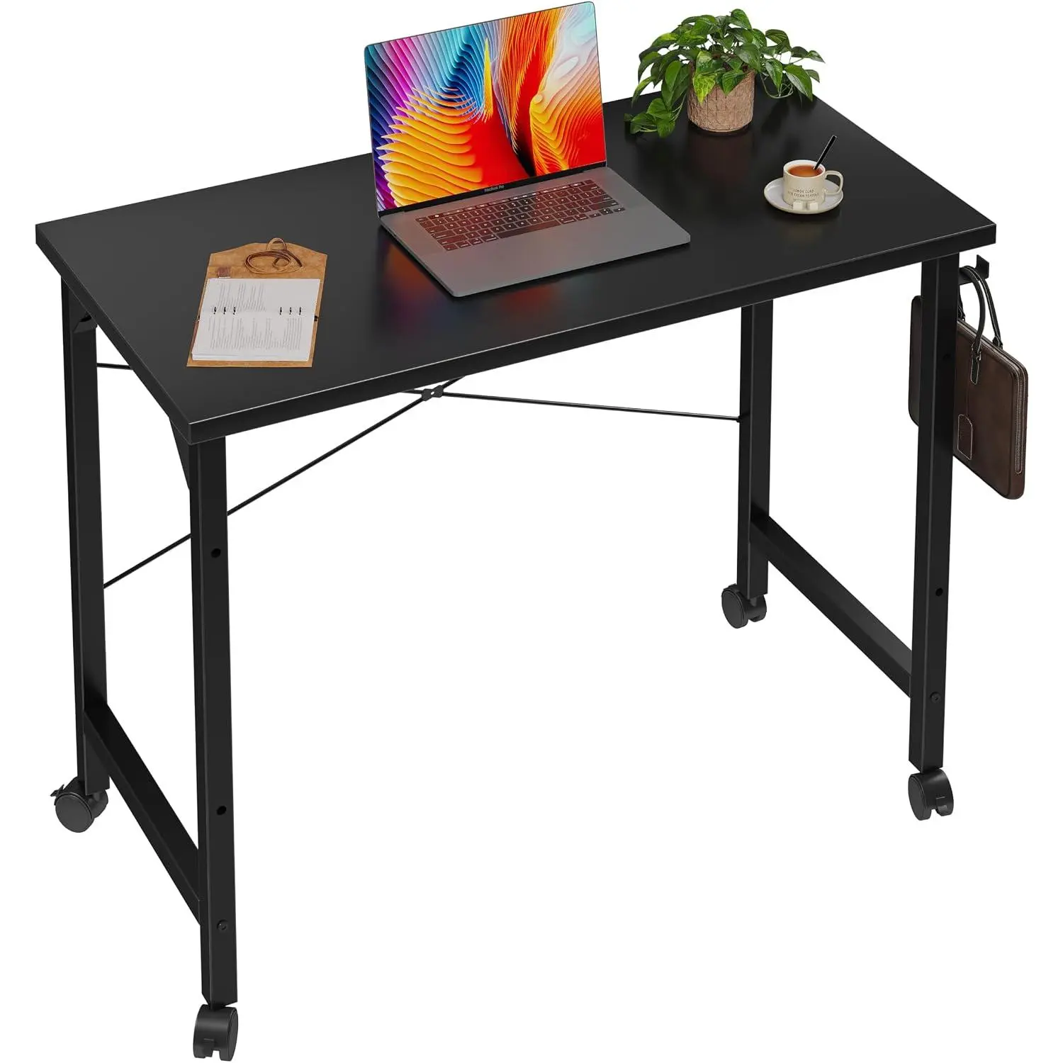 Rolling  32 inch Desk with Wheels, Wroking Small Desk for Living Room, Modern Simple Style Table for  Office, Study Writing Table, Caster, Black, 32 inch