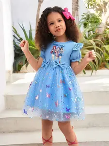 Refreshing Blue Princess Tutu, Cartoon Three Sisters Print, Full Skirt 3D Colorful Butterflies, Glitter Mesh, Soft Comfortable, Daily & Party Wear