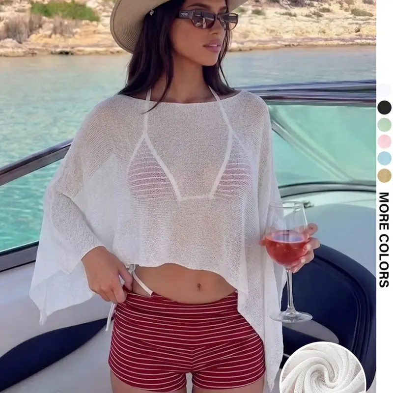 Women's Sheer Knit Top, Asymmetric Short-Sleeve Swimsuit Cover-Up, Bathing Suit Cover-Up, Beach Vacation Swim Cover-Up, Swimwear Cover Up, Swimsuit Cover Ups, Swimsuit Coverups