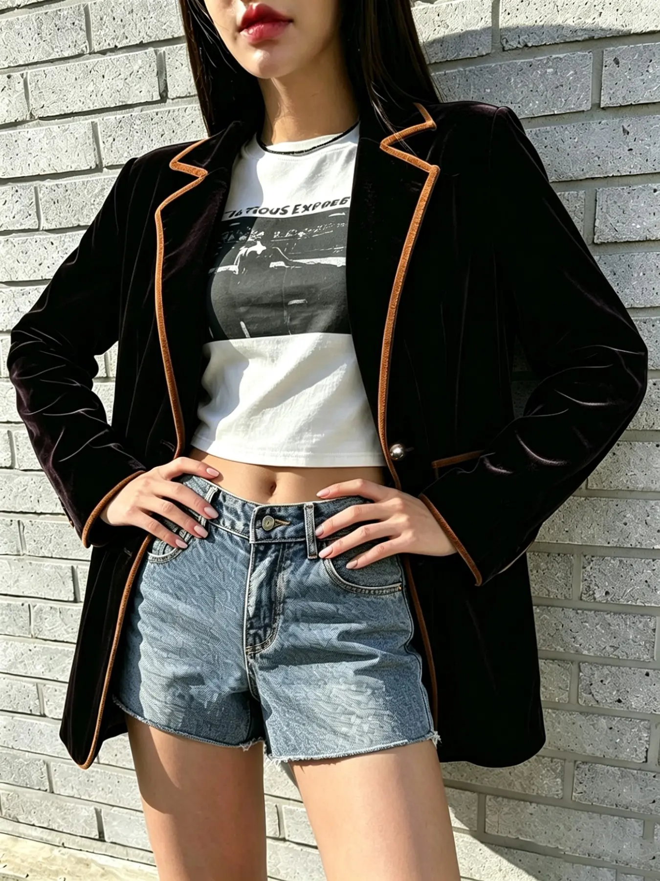 New Fall Winter American Vintage Velvet Blazer for Women, Sleeve, Notched Lapel, Trim, Metal Button, Side Pocket, Loose Fit