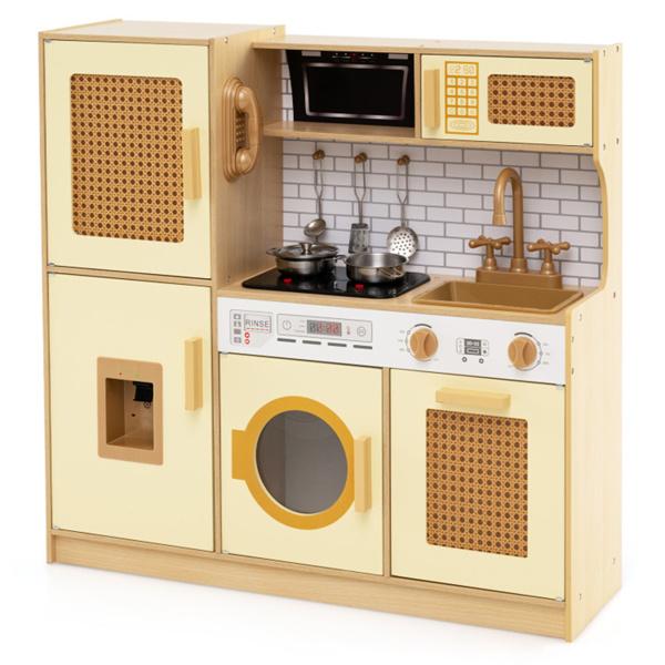 Kids Wooden Kitchen Playset 3+ with Fridge Sink Washing Machine with Realistic Light Sound Rattan Doors - Yellow