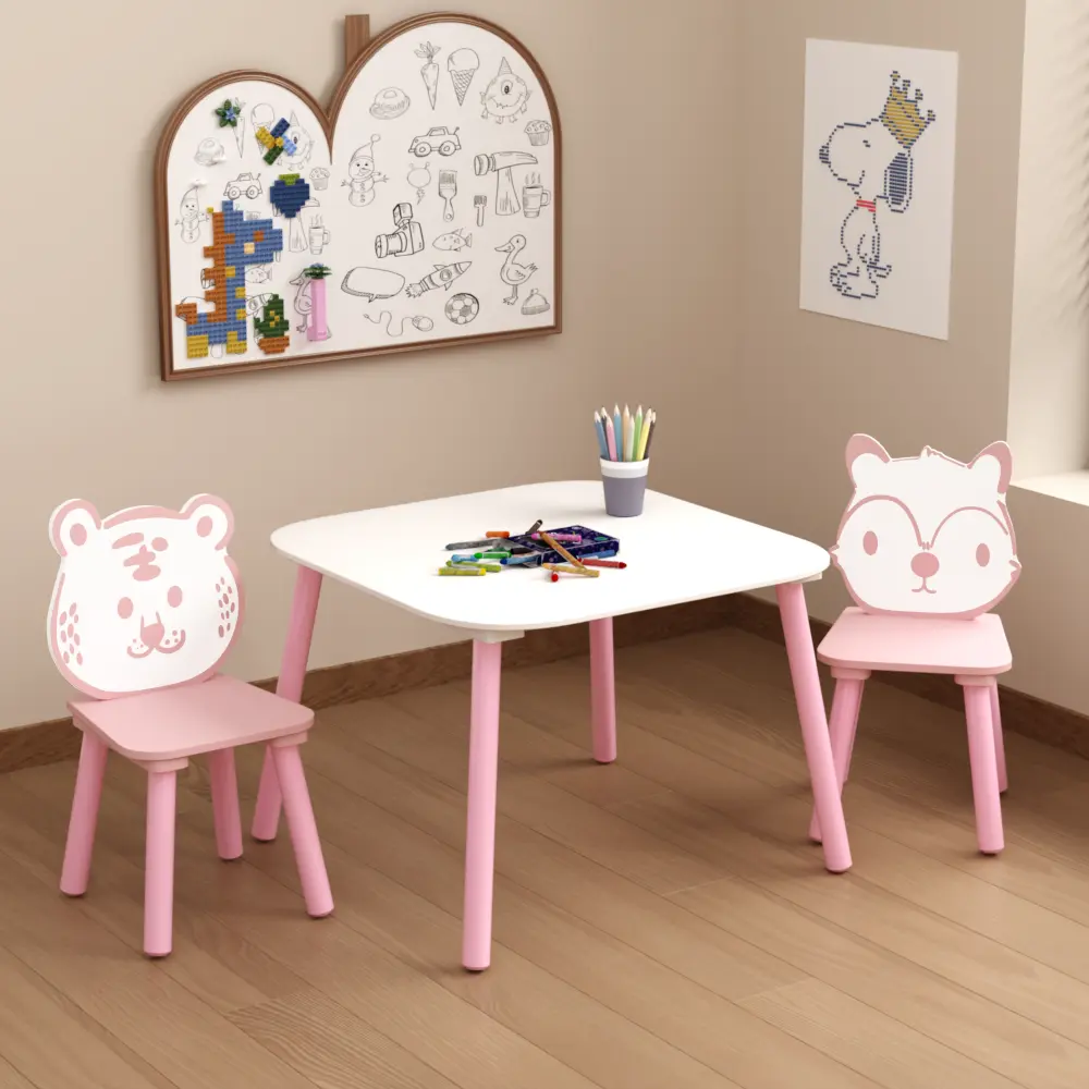 3 Piece Kids Table and Chair Set, Wooden Toddler Desk and Chair Set with Cute Animal Backrest, Children Activity Table for Drawing, Writing, Reading, Learning, Playroom, Nursery, Bedroom, Preschool Furniture, Pink & White Kids Study Table Set