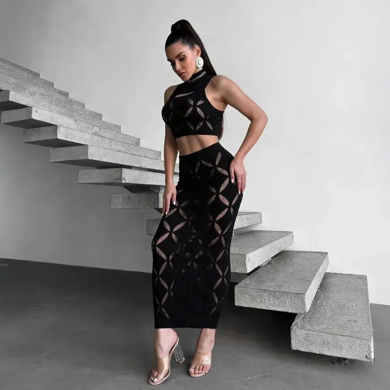 2026 Trendy Hollow Thick Knit Matching Set Consisting Of High Neck Top And Wrap Hem Mini Dress, Stretchy Soft Knitted Ladies Outfit Perfect For Weekend Nightclub Gatherings, Urban Evening Parties And Night Out Photo Styling