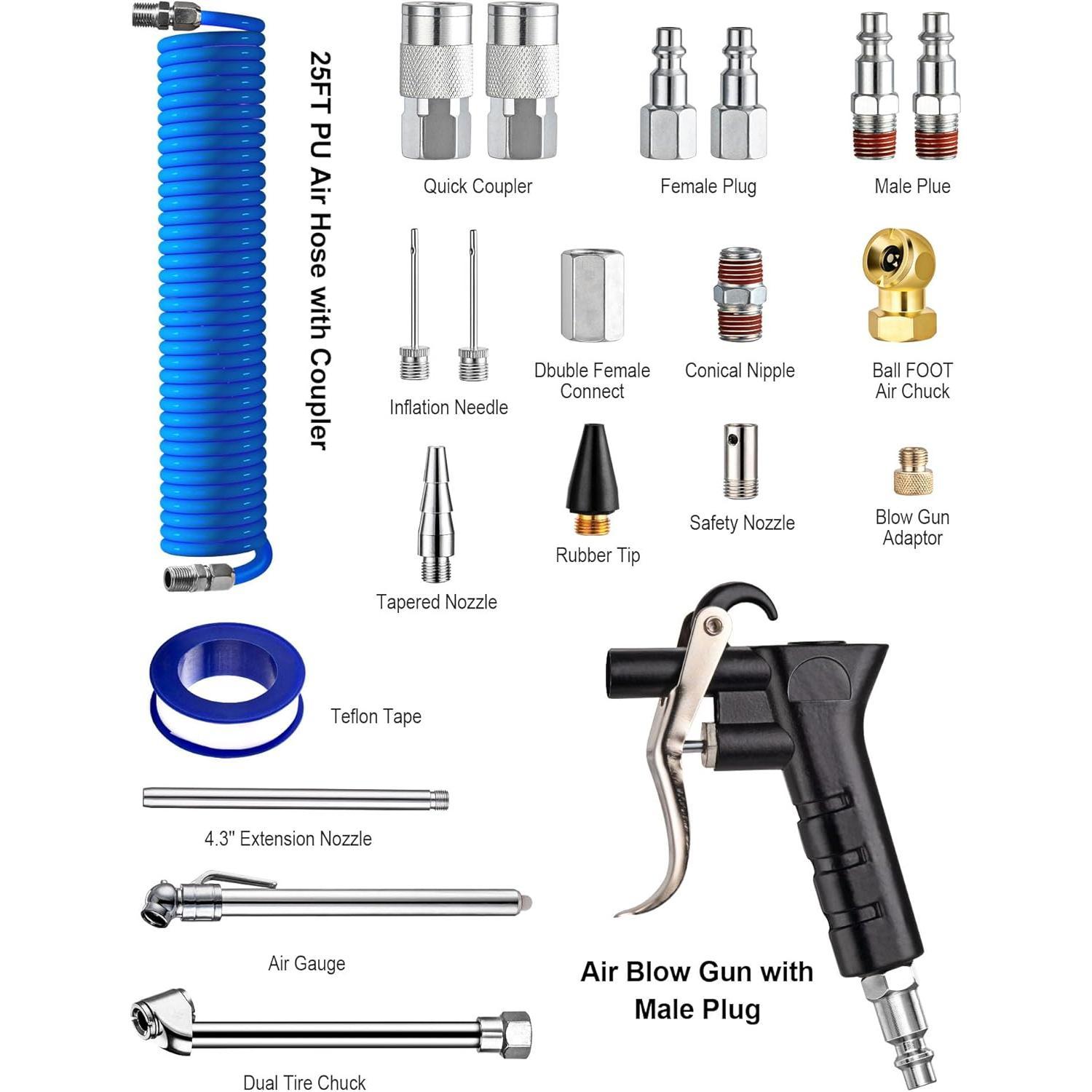 22-Packs Air Compressor Accessories Kit, 25FT Upgrade Repairable PU Air Hose with 1/4'' NPT Air Tool Kit, Air Blow /Air Chuck/Tire Gauge, Pneumatic Tool Set