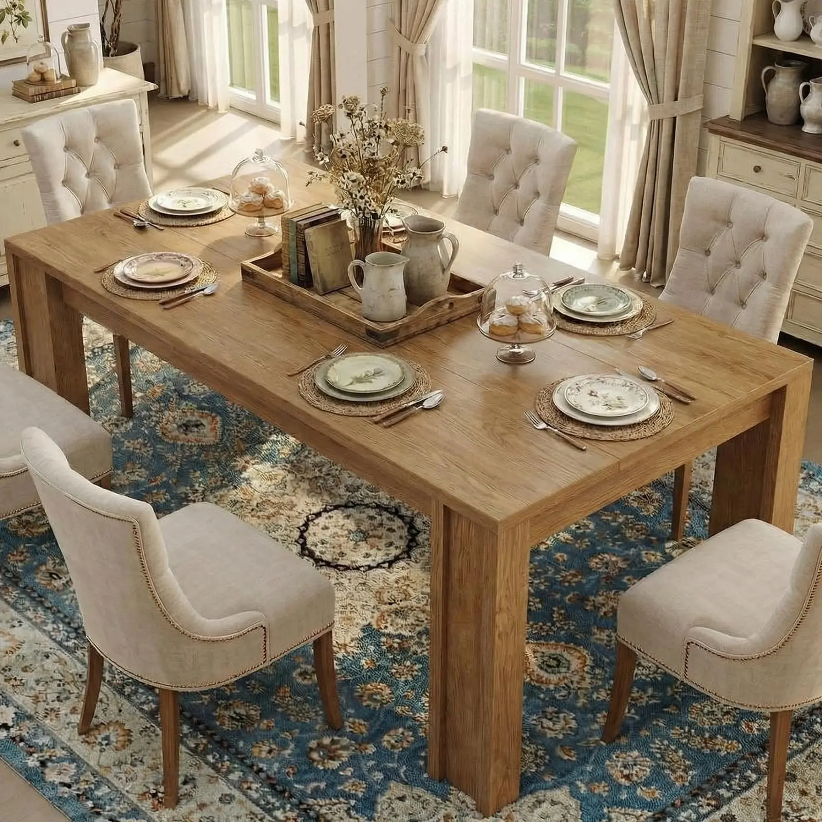 71 Inch Farmhouse Dining Table Large Walnut Wood Kitchen Table for 6-8 People Sturdy Rectangular Tabletop with Wide H Legs for Dining Room