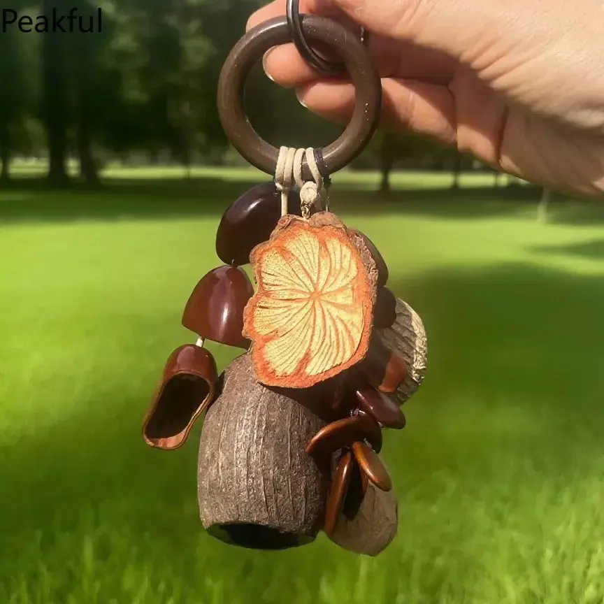 Natural Seed Pod Wind Chime Bag Charm Handmade Boho Brown Keychain Forest Inspired Nature Accessory Cute Backpack Purse Pendant