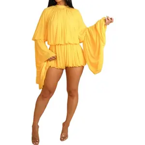 Womens Ruffles Tierred Ruched Loose Short Jumpsuit Outfits Puff Lantern Long Sleeve Elastic High Waist Casual Romper
