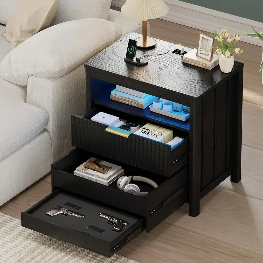 Nightstand With Gun Drawer Bedroom, Black Night Stand With Hidden Compartment, Auto LED Lighted, Charger Station, 2 Drawer, 23.6" Wider Bedside Table Dorm,Sofa,Office