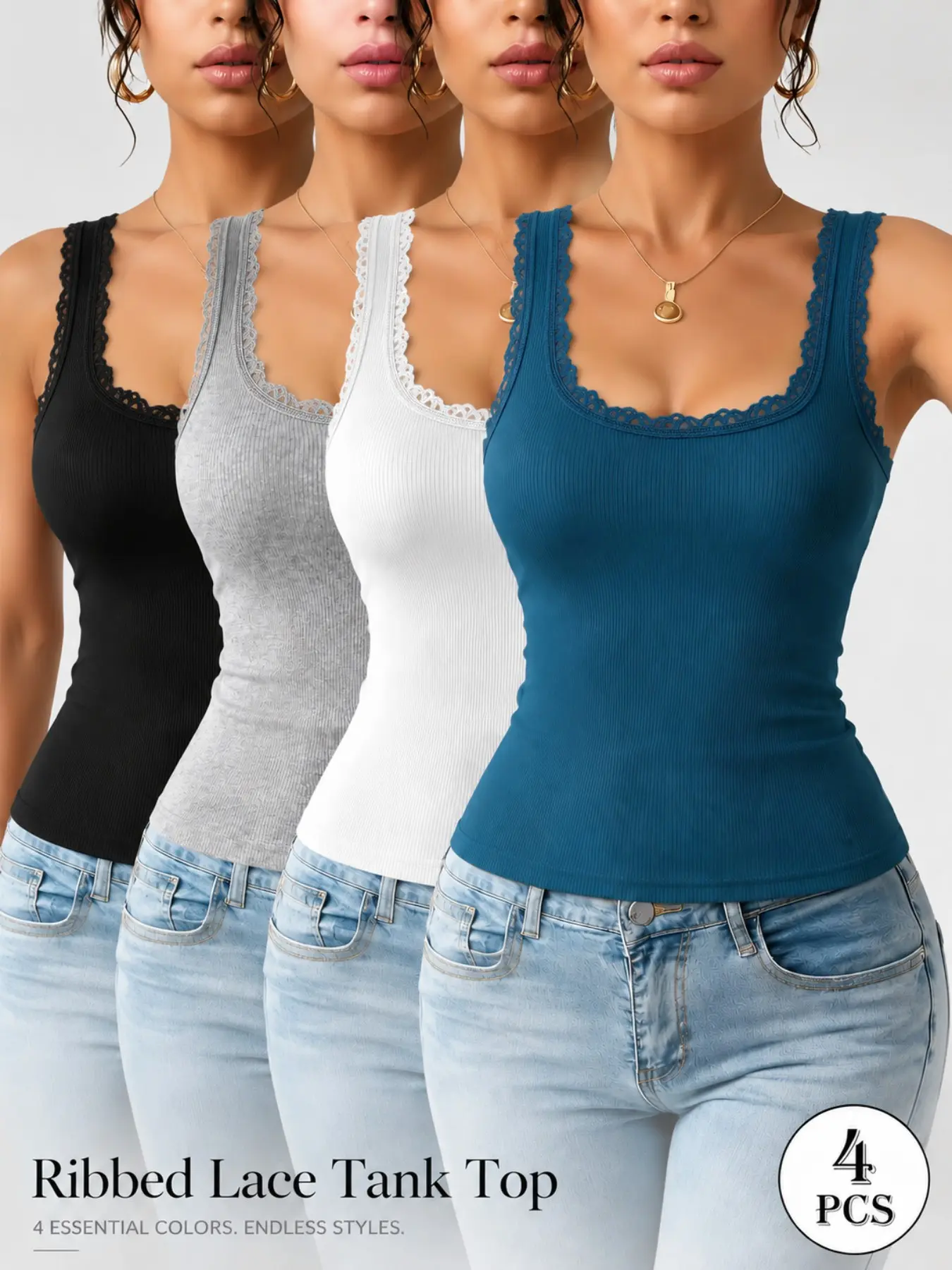 4 Pack Women’s Lace Trim Cami Tank Tops with Ribbed Slim Fit Design and Solid Pattern, Cute Summer to Fall Transitional Basic Sleeveless Shirts for Women