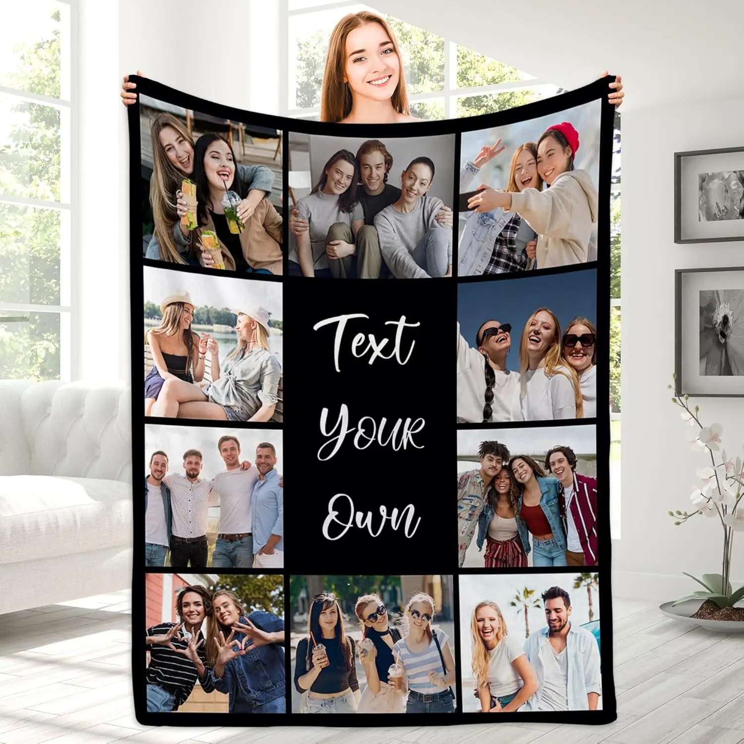 Bestie Throw Blanket, 1 Piece Soft Warm Flannel Custom 9 Picture Blanket, Text Your Own Center Script Design, Lightweight Portable Travel Blanket for Car Couch Dorm, Personalized Sentimental Gift for Her, Keepsake Decor