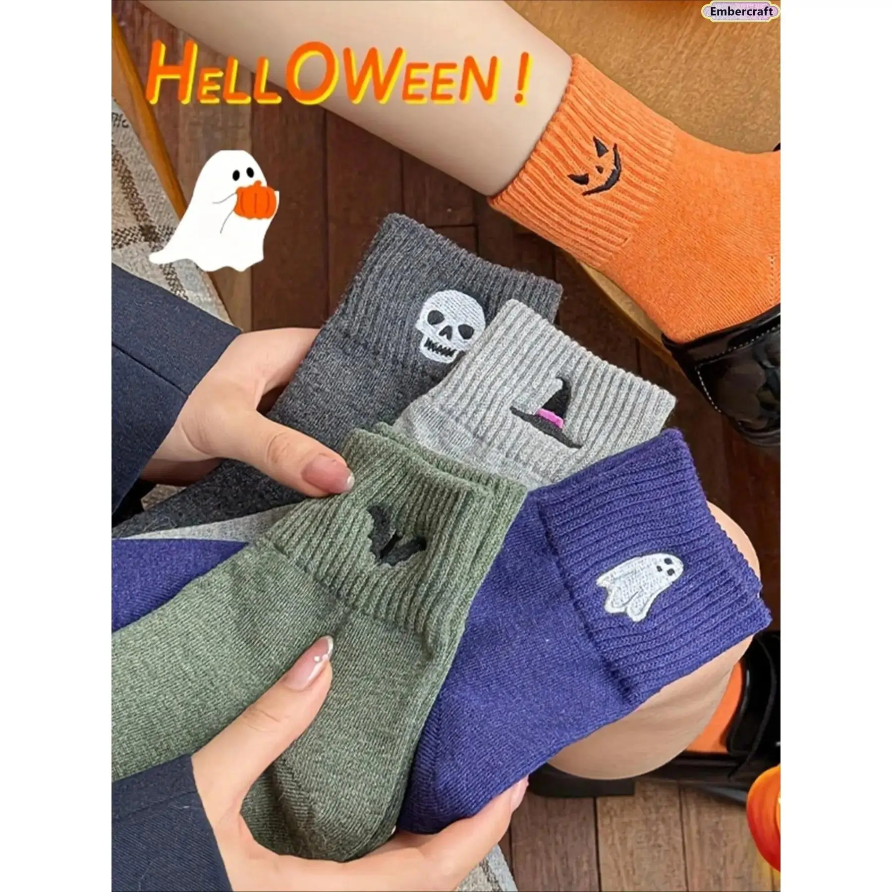 5 Pairs Women Halloween Crew Socks, Cute Pumpkin Ghost Cartoon Novelty Mid‑Calf Knit Socks, Soft Stretch Warm Fall Winter Socks for Halloween Party Daily School Work Holiday Gifts