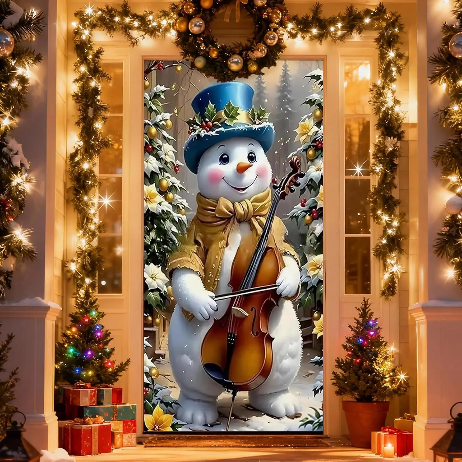 Christmas Door Cover, Elastic  Year Front Door Sleeve Decoration Snowman Porch Sign Christmas Ball Photography Background Banner Holiday Decor(Style 2)