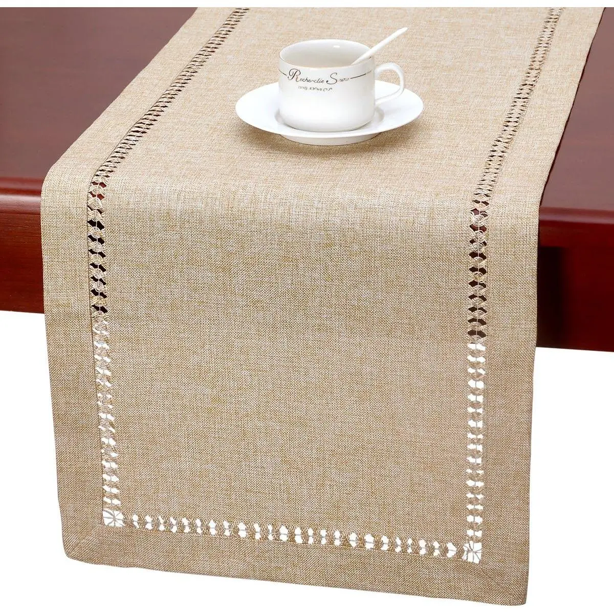 Handmade Hemstitch Beige Table Runner Or Dresser Scarf, Rectangular 14 by 36 Inch